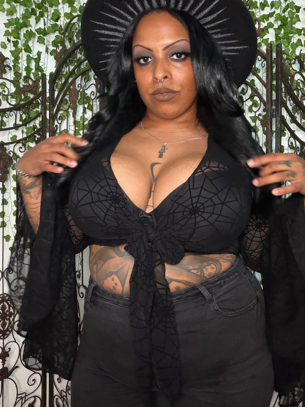 Spider Web Mesh Burnout Bell Sleeve Top