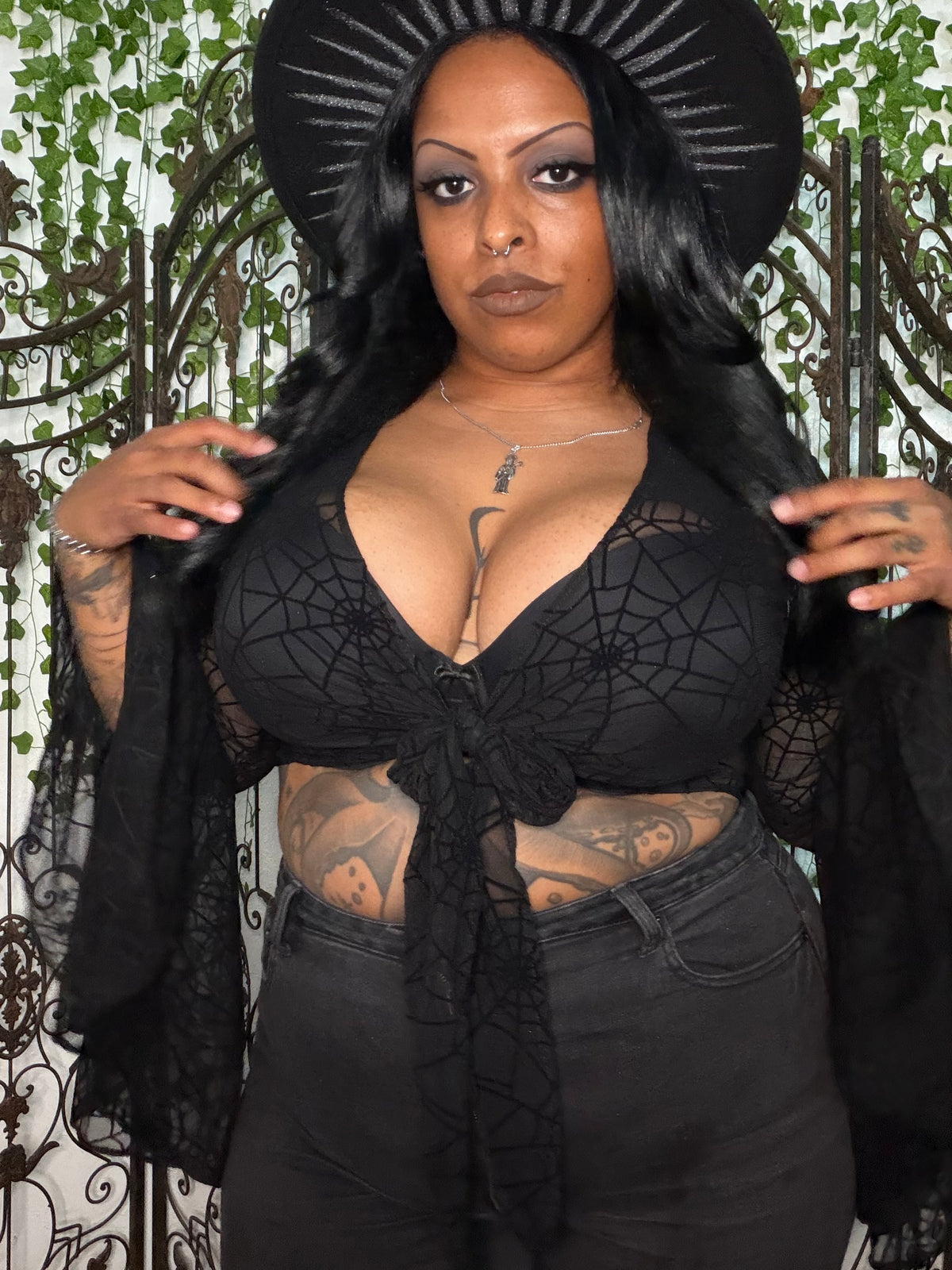 Spider Web Mesh Burnout Bell Sleeve Top