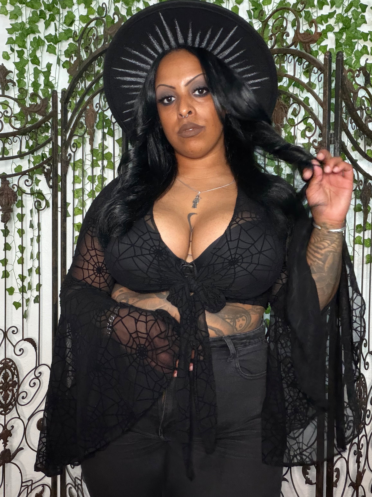 Spider Web Mesh Burnout Bell Sleeve Top