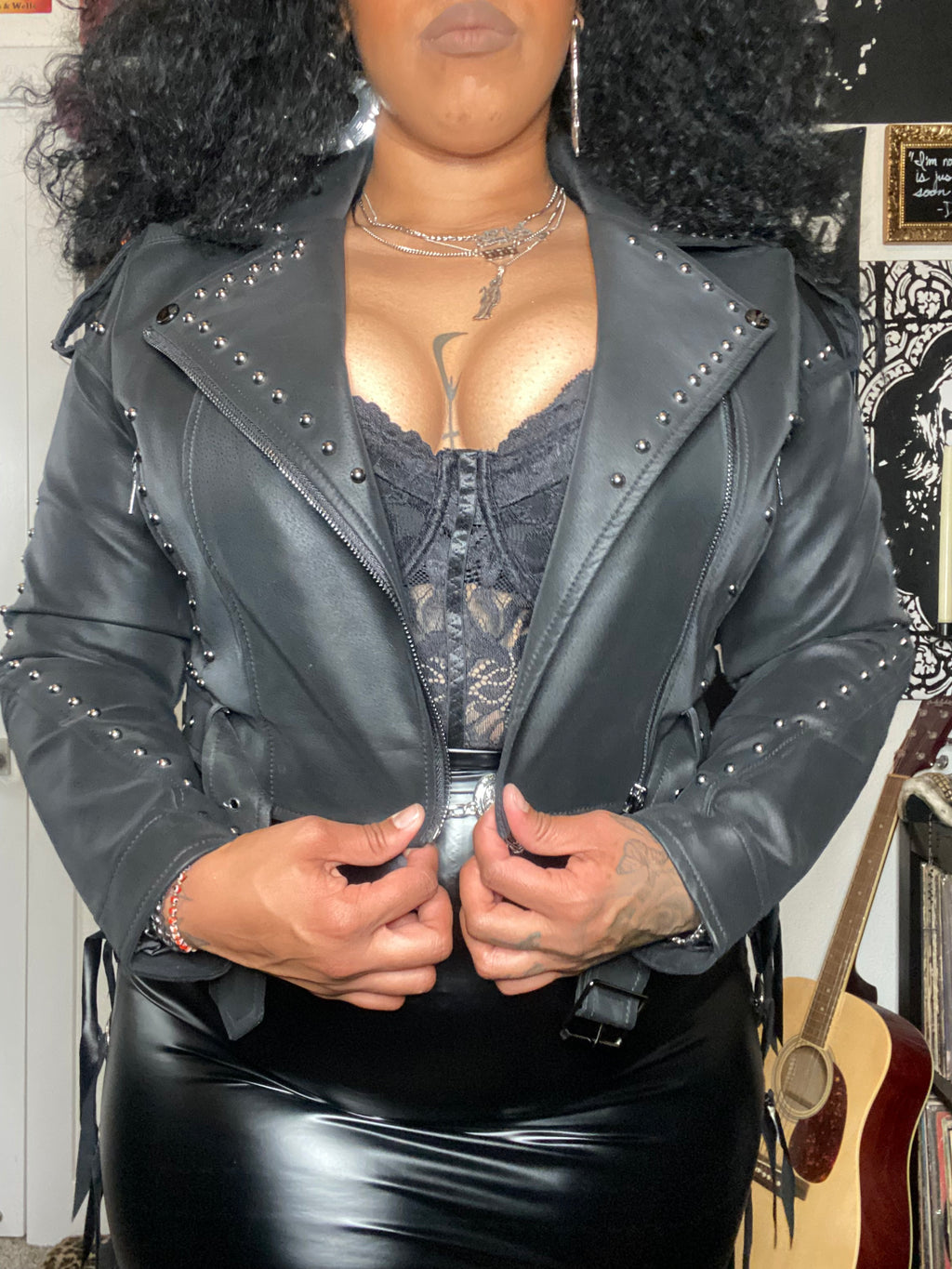 OVER YOUR SHOULDER STUDDED FAUX LEATHER JACKET