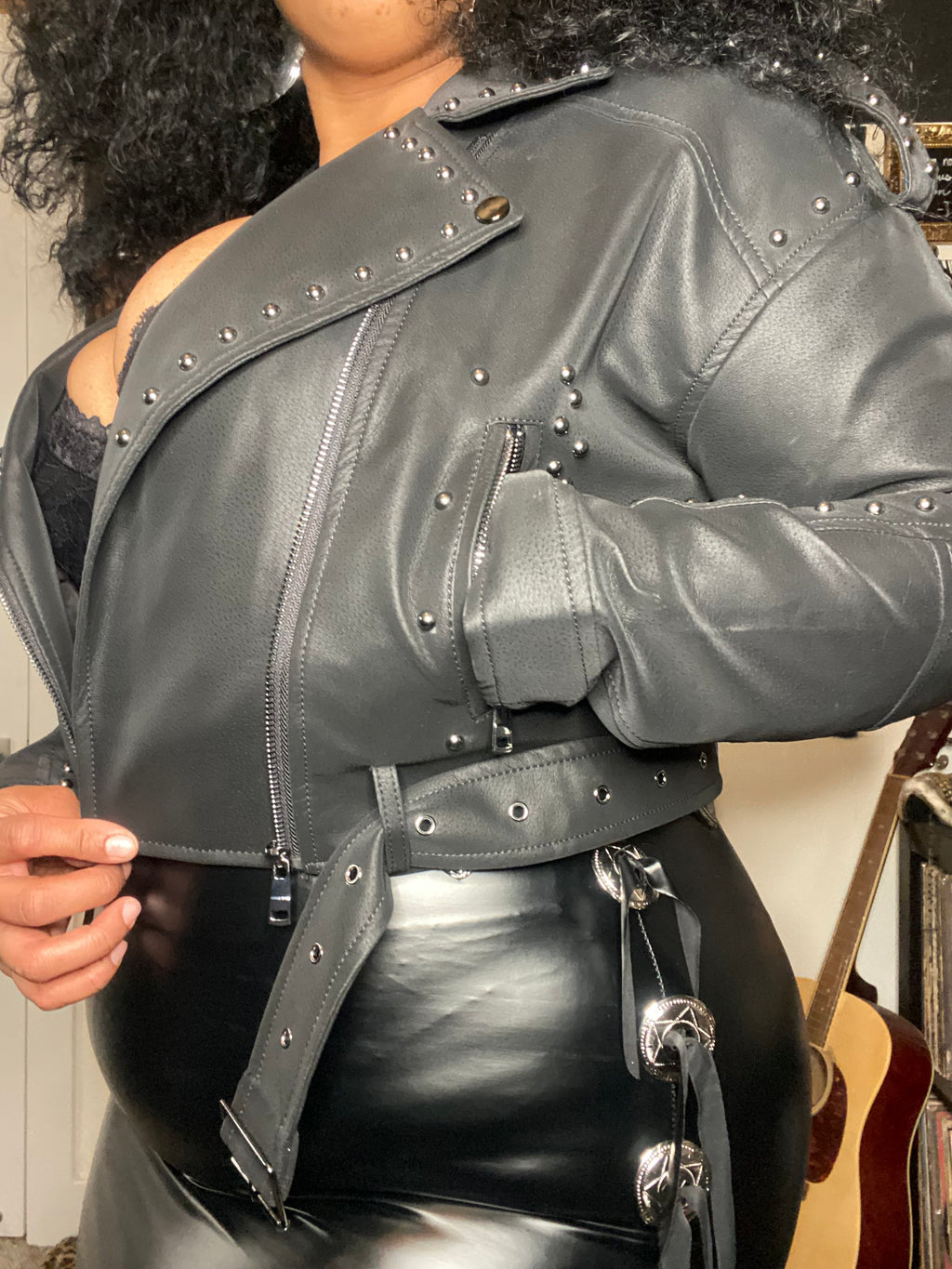 OVER YOUR SHOULDER STUDDED FAUX LEATHER JACKET