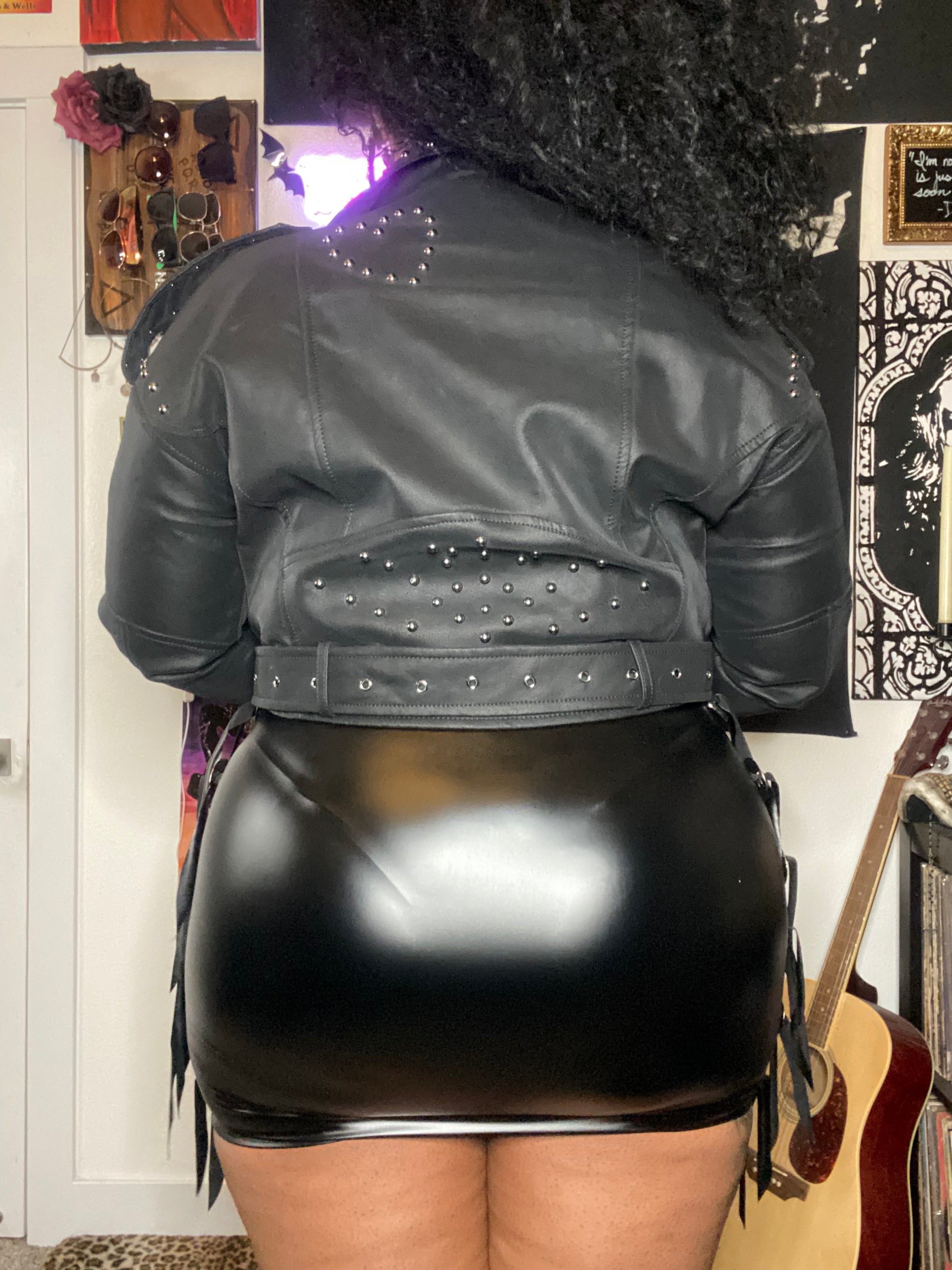 OVER YOUR SHOULDER STUDDED FAUX LEATHER JACKET