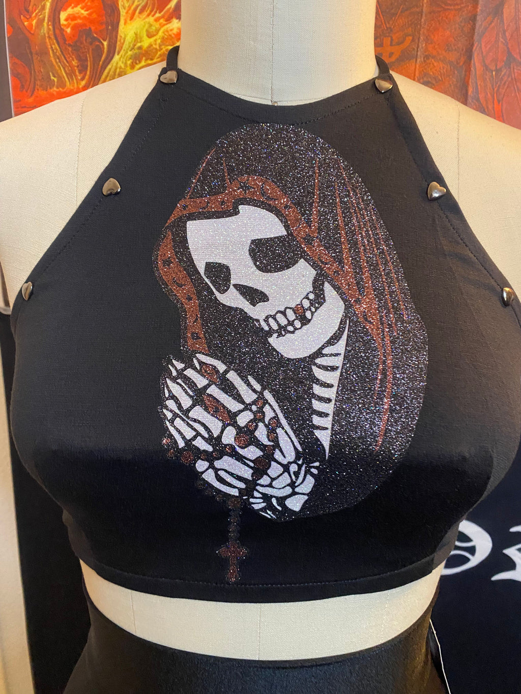 LA SANTA MUERTE BACKLESS CROPPED HALTER TOP